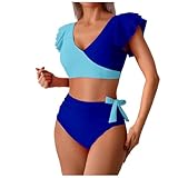 Traje de baño de dos piezas mujer trajes de dos piezas mujeres deportes ganchillo encaje verano Shorty Embarazo conjunto de tankini mensual cruzado grande sexy cuello en V, Azul-B, M