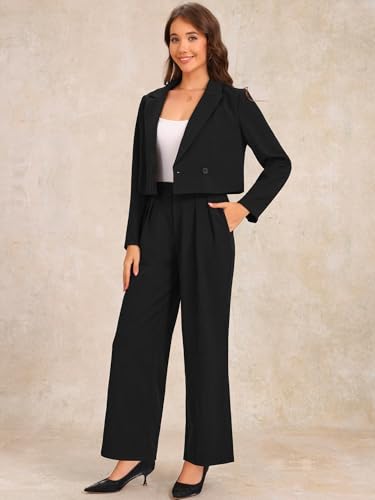 Allegra K Women's 2 Piece Set Business Casual Outfit Notched Lapel Crop Jacket Wide Leg Pant Work Suits2