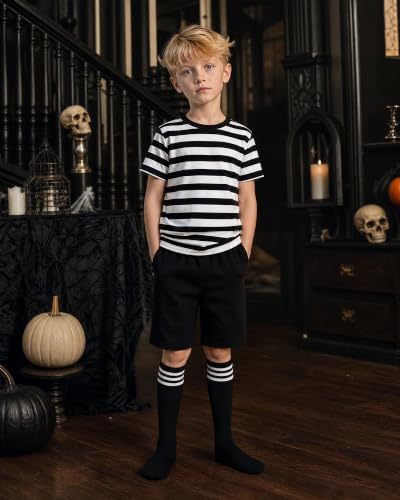 Vivrerizo Black White Striped Costume for Halloween Cosplay Outfit Party M | Striped Design, 3 Pcs Short Sleeve Shirt, Shorts and Stockings Outfit, Lightweight Ployster Fabric, Easy Dress Up - image 3