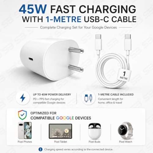 Image of 45W PPS Charger with 1m USB C to C Cable, PD 3.0 Fast Charging Adapter Compatible with Google Pixel 11 /10 /9 /8 /7 /6 Series, Pixel Tablet & Buds, BIS Certified Type C Wall Charger