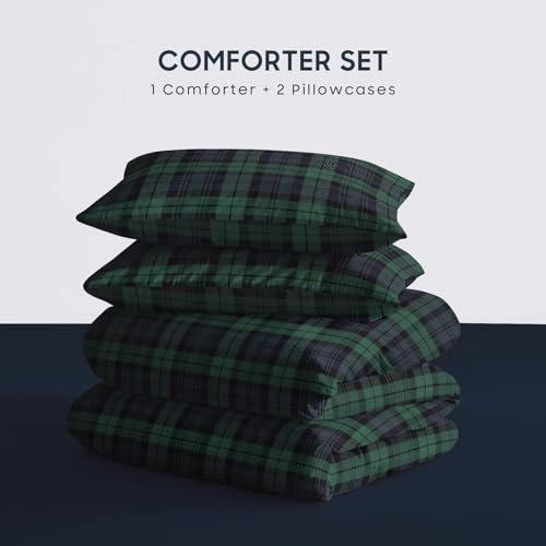 Image of Wake In Cloud - Plaid Comforter Set, Scottish Tartan Check Geometric Modern Pattern Printed, Soft Lightweight Bedding, 3 Pieces, Dark Green, Twin /Twin XL Size