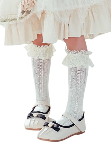 Girls Knee High Socks Love Heart Floral Lace Ruffle Trim Stretchy Soft Breathable Long Stockings