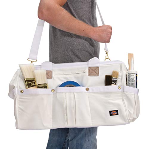 Dickies 20-Inch Durable Canvas Work Bag For Painters, Carpenters, And Builders, Heavy-Duty Zipper, Reinforced Handles, Exterior Pockets, Shoulder Strap, White #TOP5