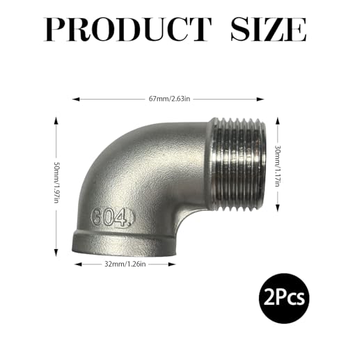 2 Stück 1 Zoll Winkel 90°, 304 Edelstahl Rohrbogen 90 Grad Verschraubung 1\ IG/AG Winkelstück Edelstahl Bogen DN25 für Sanitär Anschlussstücke Bewässerungsanlagen