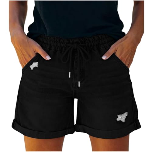 Générique Short Jean Femme Été Élastique Taille Confortable Décontracté Jeans Shorts en Denim pour Femmes À Cordon De Serrage Short Vintage Jean Casual...