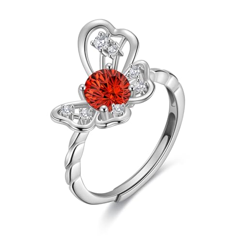 Birthstone Butterfly Opening Ring - 925 Sterling Silver Firework-Cut Cubic Zirconia January Garnet Adjustable Anniversary Engagement Promise Ring Birthday Jewelry Gift for Women Wife Daughter DR165J
