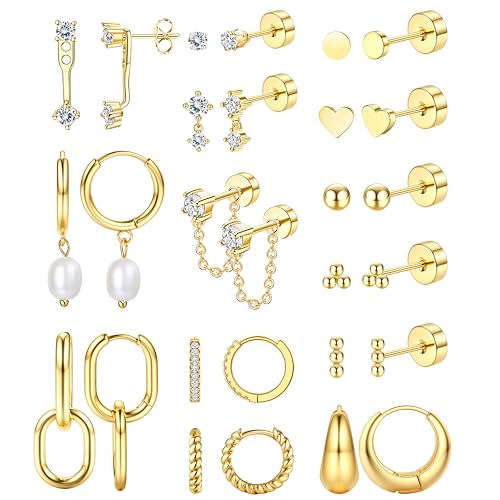 Jstyle 14K Gold Earrings Women Hypoallergenic Cartilage Earrings Set for Multiple Piercing Trendy Huggie Hoop Earring Lightweight Earring Stacks Small Cute Pearl CZ Studs Hoops Gold/Silver