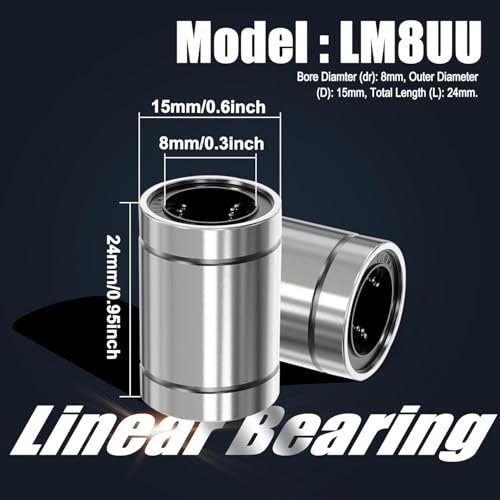 Image of LM8UU Linear Motion Ball Bearing 8mm ID 15mm OD 24mm Length Pack of 12 Chrome Steel Bushing Bearings for 3D Printers CNC Machines Linear Rails Shaft Rod Motion Guide Systems