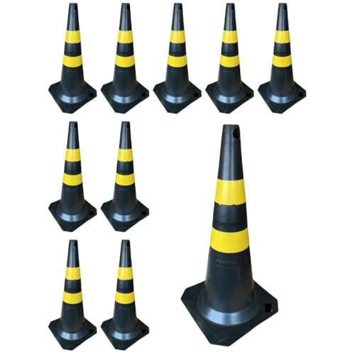 Kit 10 Cone de Sinalização 75cm para Trânsito Estacionamento EPI Segurança Preto e Amarelo