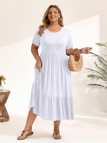 Image of LARACE Plus Size Dresses for Women Summer Casual Short Sleeve Long Dress Flowy Maxi Beach Dresses with Pockets L-6XL