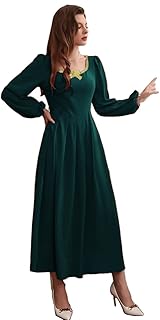 فستان أخضر غامق مزين بشريط ذهبي للنساء