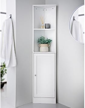 Corner Bathroom Storage Cabinet   Tall Slim Cupboard with 2 Open Shelves & 1 Door - White Freestanding Wooden Corner Shelf Unit for Small Spaces