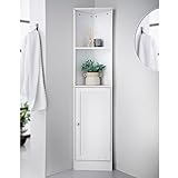 spot on dealz® Corner Bathroom Storage Cabinet – Tall Slim Cupboard with 2 Open Shelves & 1 Door - White Freestanding Wooden Corner Shelf Unit for Small Spaces