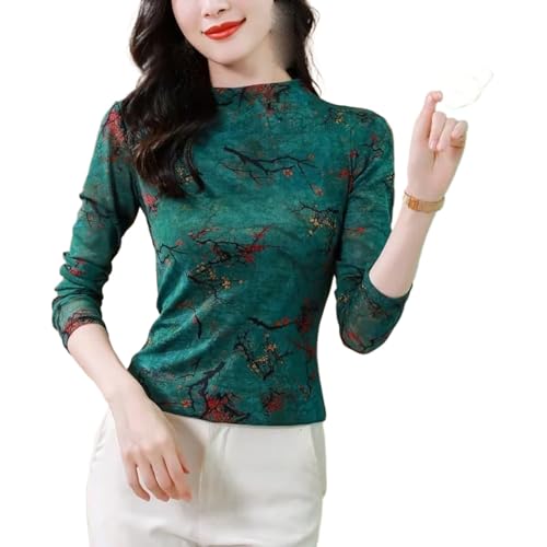 Chemise élégante imprimée en maille femme col montant manches longues haut stretch chic