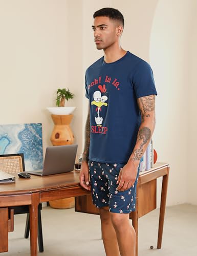 Jezonga Schlafanzug Herren Kurz Pyjama Lustig Baumwolle Shorty Nachtwäsche Zweiteilige Pyjamas mit Hahn T-Shirt und Schlafanzughose für Männer,Dunkelblau,L