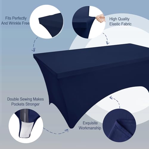 Image of FOLINS&HOME Navy Blue 8ft Fitted Water Resistant Tablecloth with Spandex | Washable Elastic Rectangle Table Cover for 8 Foot Folding Tables, Stretch Table Cloth for Weddings, Banquets, Parties