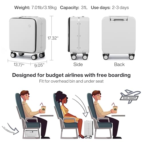 Image of mixi 17x14x9 Carry On Luggage Underseat PC Hard Shell Suitcase Top Opening Aluminum Frame Travel Suitcases with Wheels, Smoke White