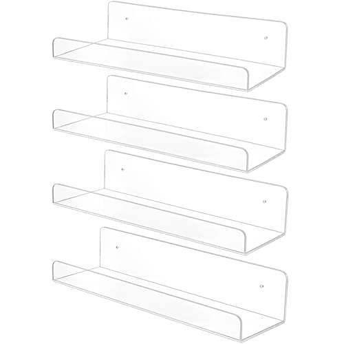 15" Invisible Acrylic Shelves Floating Wall Ledge Bookshelf,Clear Bathroom Storage Shelves Display Organizer Perfect For Home Decoration & Storage, Set Of 4 #TOP4