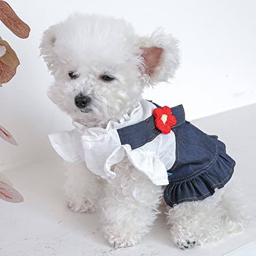 Leasote Pet Denim Strappy Dress, Stand-Up Collar Ruffle Hem Small Red Flower Decor Dog Cat Spring Summer Dress, Dog Clothes For Small Girl Doggy Puppy Navy Blue S #TOP4