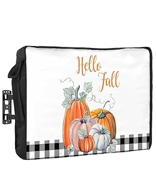 Outdoor TV Cover 80 to 85 Inches, Hello Fall Pumpkin Black White Plaid Waterproof and Weatherproof TV Cover with Remote Control Pocket, Flat Screen TV Cover Protector for Outside TV