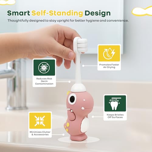 Image of R for Rabbit Tiny Smiles Dino Kids Toothbrush with Tongue Cleaner for Toddlers & Babies 2+ Years | Extra Ultra Soft PBT Bristles, Gentle on Gums | Cute 3D Dinosaur Easy Grip Handle | BPA Free (Peach)