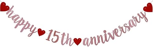 SUNbetterland - Cartel de feliz 15 aniversario, guirnaldas de papel con purpurina de oro rosa para suministros de decoración de fiesta de