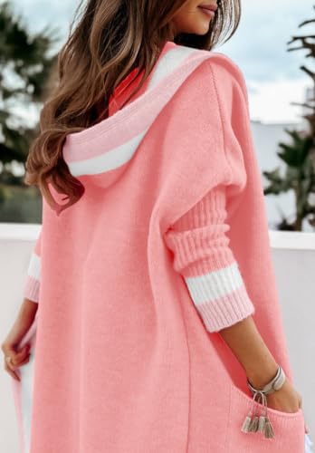 Image of Women's Fall Casual 2026 Color Block Open Front Cardigan Oversized Hooded Long Coatigan Coat Sweaters