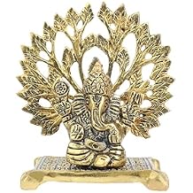 Ganesh Statue Indian Lord Murti with Tree for Puja Home Temple Mandir Decorations Pooja Gift/Sculptures Showpiece Indian Traditional Ganpati Ganesha Festival New year Gifts Size-4"X3.5"Golden