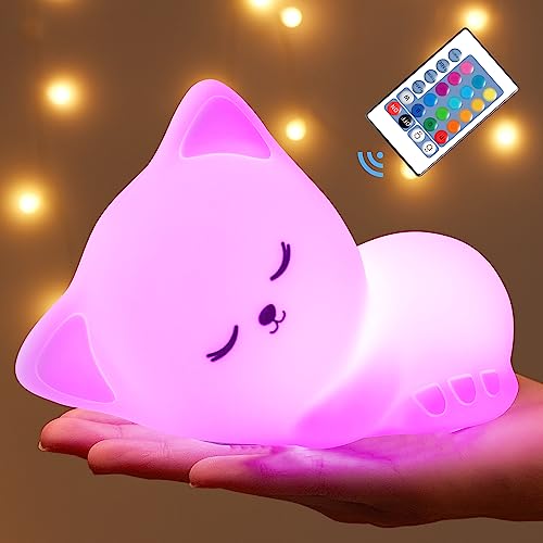 Image of Mubarek Night Light for Kids, 16 Colors Dimmable Kids Night Light lamp, Remote Silicone Night Light for Baby Nursery, Rechargeable Cute Lamp Cat Lamp,Timer Toddler Night Light,Nightlight for Kids Room