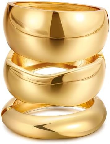 Chunky Gold Bangle Bracelets for Women, Dainty 14k Gold Plated Bi...