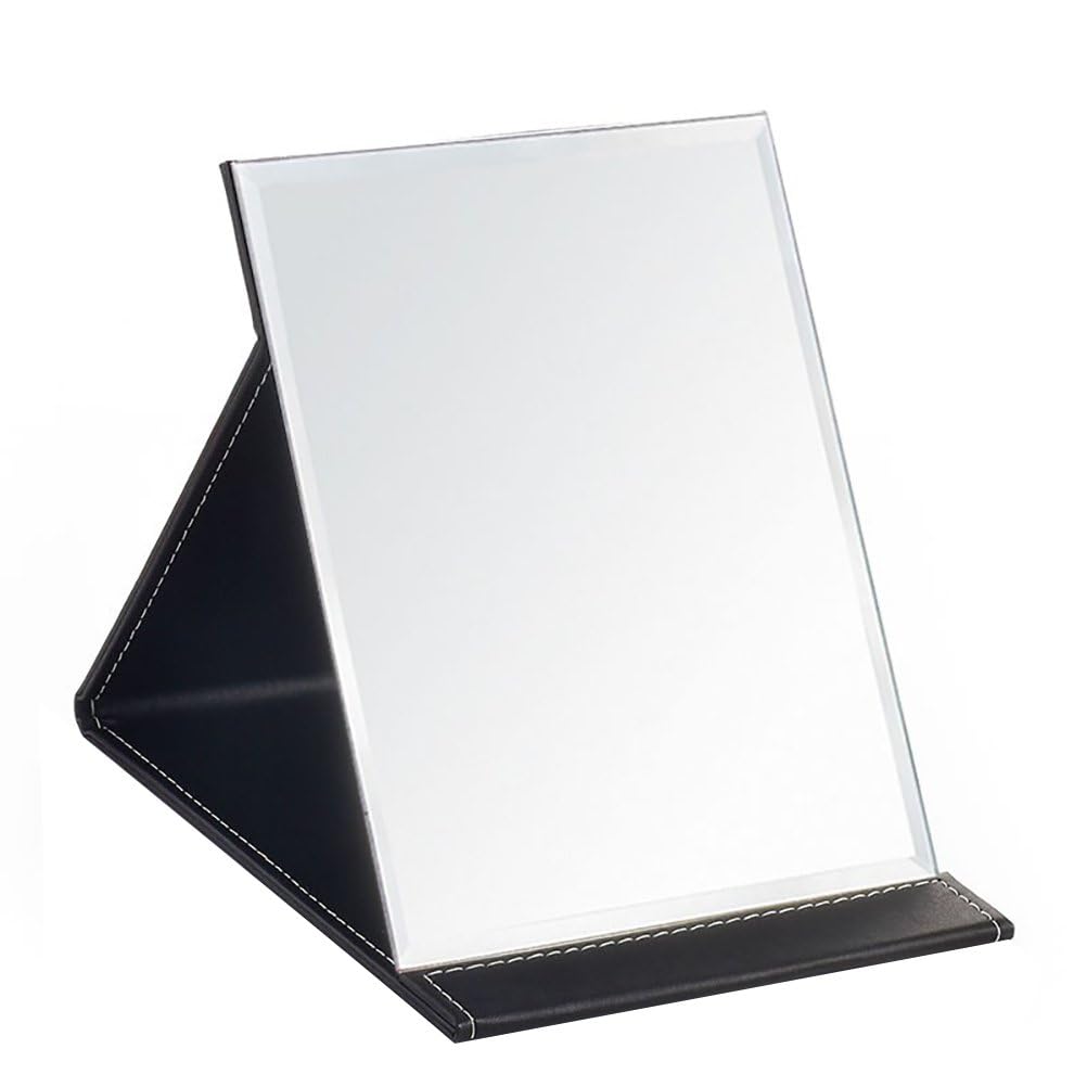 17x12cm Portable Folding Mirror, Super HD Compact Makeup, Black PU Leather Travel, Free Standing Vanity Mirrors, Tabletop Foldable Mirror (Small)