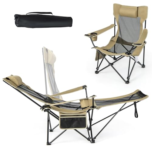 COSTWAY Chaise Pliante Camping, Chaise Longue Réglable sur 4 Positions, Repose-Pieds Amovible, Appui-Tête, Poche, Porte-Gobelet, Fauteuil Inclinable pour Plage Pêche Bureau, Charge 150KG, Kaki