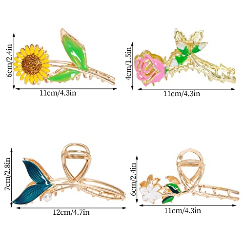 4Pcs Flower Metal Hair Claw Clips Flower Hair Barrettes Nonslip Hair Clips Metal Hair Accessories For Women Cute Hair Clips Tulip Rose Sunflower Floral Fish Tail Hair Clip For Thick Curly Clips #TOP1