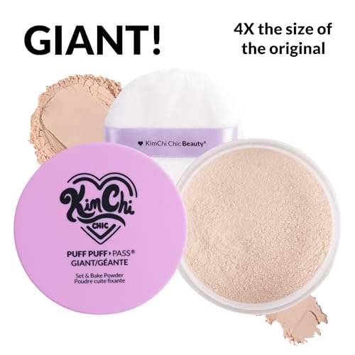 Image of KimChiChic Beauty Giant Puff Puff Pass Set & Bake Powder - Loose Setting Powder with Rice Powder & Vitamin E, Finely Milled for All Day Wear, Translucent 80g