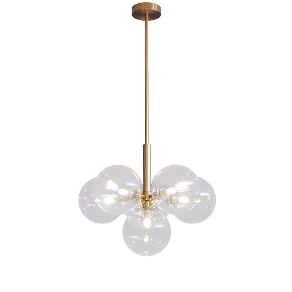 HYJAUSXB Chandelier, Gold Spherical Pendant Light Farmhouse Compatible with Kitchen Island Modern Hanging Ceiling Lamp Large Clear-Glass Globe and LED Fixtures Indoor