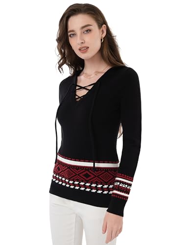 AmélieBoutik Women Fair Isle Hoodies Sweater Casual Lace Up Pullover Hooded Sweatshirt