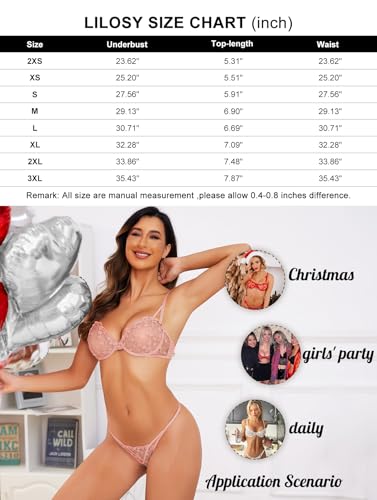 Lilosy Sexy Cute Underwire Push Up Strappy Heart Embroidered Mesh Sheer Lingerie Set for Women Bachelorette See Through Bra and Panty 2 Piece Pink Medium - Image 6