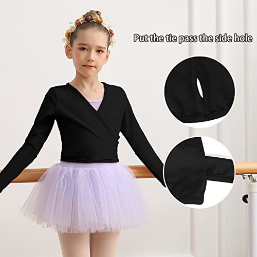 MOLLDAN Ballet Wrap Top for Girls Long Sleeve Dance Cardigan for Toddlers,Waist Self Tie（QT7001-06-S） Black - Thumbnail 2