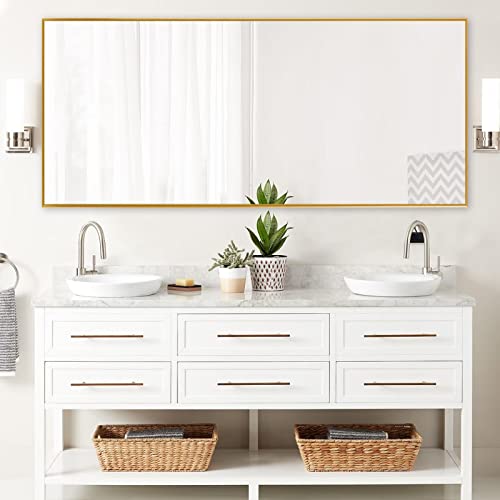 Image of NeuType 71 inchx24 inch Full Length Mirror with Standing Holder Aluminum Alloy Frame Floor Mirror Wall-Mounted Mirror for Living Room, Bedroom, Hanging or Leaning Against Wall, Golden (with Stand)