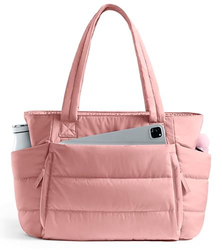 Tote Bag for Women with Zipper, Quilted Puffer Tote Bag with Compartments, Lightweight Puffy Work Bags for Women Travel (Coral Pink)