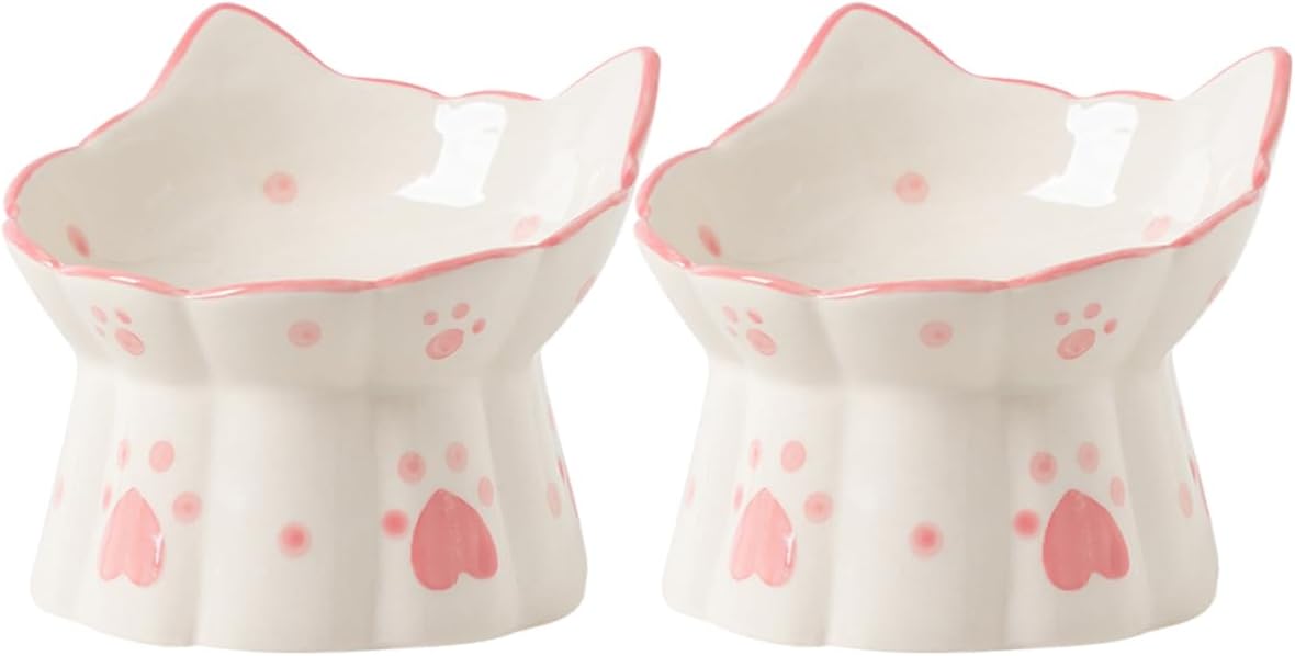 2pcs Elevated Ceramic Cat Bowl Raised Cat Feeder for Food Water Neck Protection Design for Comfortable Eating Easy to Rinse and Kittens