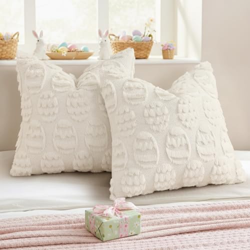 Image of decorUhome Easter Cream White Egg Pillow Covers 20x20 Inch Set of 2, Soft Plush Faux Wool Jacquard Cushion Covers, Farmhouse Neutral Fuzzy Spring Easter Holiday Decor for Couch Sofa Bed