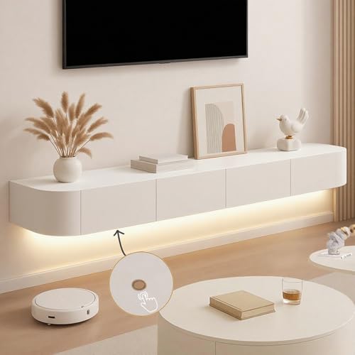 Image of Floating TV Stand Wall Mounted - Wall Entertainment Center with Flip-Down Doors & Drawers, Modern Hanging TV Shelf for Living Room, Media Console for 65 /75 80 Inch TVs (White - B, 110 IN /280CM)