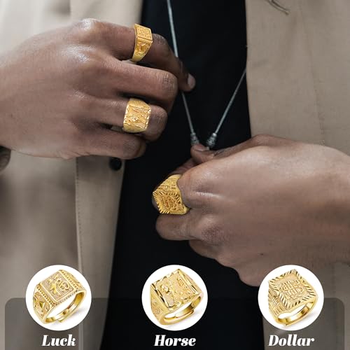 5Pcs 18K Gold Filled Hip Hop Gold Rings Set for Men Women Signet Kanji Rings Rich Luck Wealth Success Dollar Ring Set Adjustable Size4