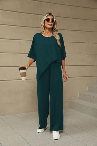 Image of KevaMolly 2 Piece Lounge Set for Women Postpartum Oversized Tops and Wide Leg Pants Soft Comfy Pajamas Set 2 Piece Outfits