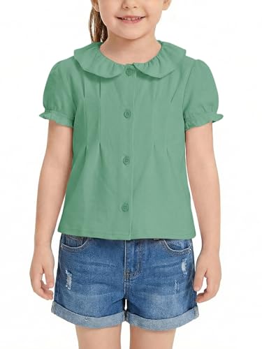 Haloumoning Toddler Baby Girls Puff Sleeve Button Down Shirts Kids Ruffle Collar Blouse School Uniform Shirt 9M-8Y, Light Green, 7-8 Years