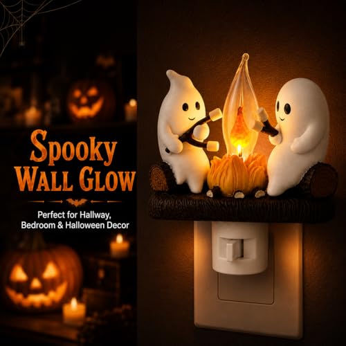 Ghost Campfire Night Light, Plug-in Wall Flickering Flame Nightlight, Halloween 3D Cute Spooky Marshmallow Ghost Decoration for Bedroom, Spooky Season Home Halloween Decor for Kids Adults - Image 3