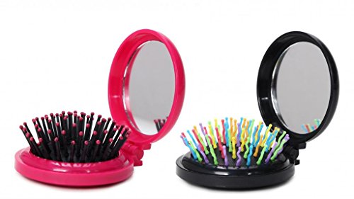 LOUISE MAELYS 2pcs Mix Color Round Folding Pocket Hair Brush Mini Pop-up Hair Comb with Makeup Mirror Rainbow Bristles