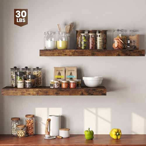 Image of Dreamland 36 inch Floating Shelves for Wall, 12 inch Deep Thicker Floating Shelves, Wall-Mounted Shelves for Bedroom, Living Room, Kitchen, Bathroom,Rustic Brown - Set of 2