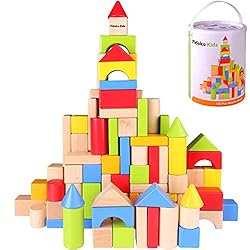 Pidoko Kids Wooden Building Blocks Set – 100 Pcs – Includes Carrying Container – Hardwood Plain & Colored Wood Block for…
